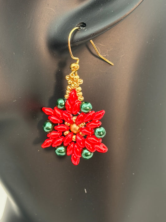 Starlit Poinsettia Seed Bead Earrings | Handwoven Floral Holiday Earrings