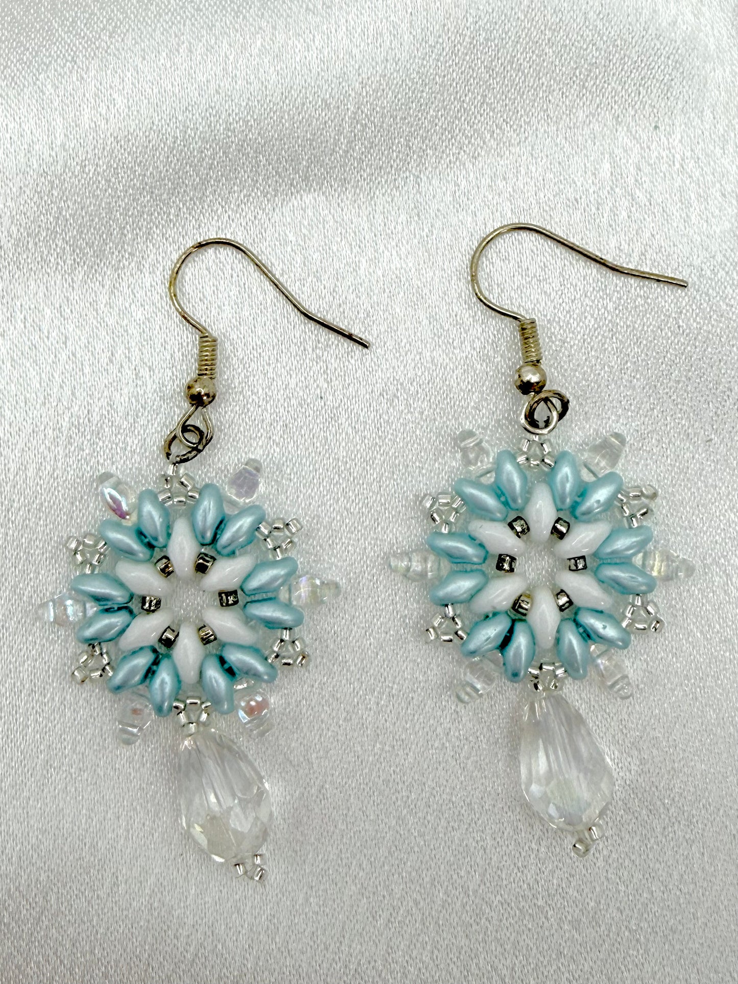 Winter Snowflake SuperDuo Earrings | Hand-Beaded SuperDuo & Miyuki Seed Bead Earrings | Silver Fishhook Ear Wires
